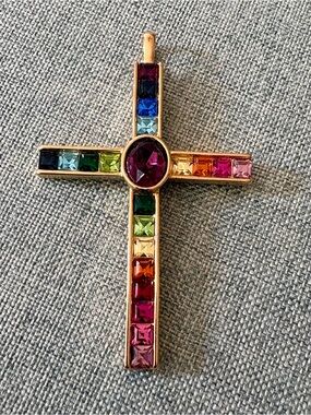 Vintage PSCO gold-toned Rainbow-Colored crystal cross pendant